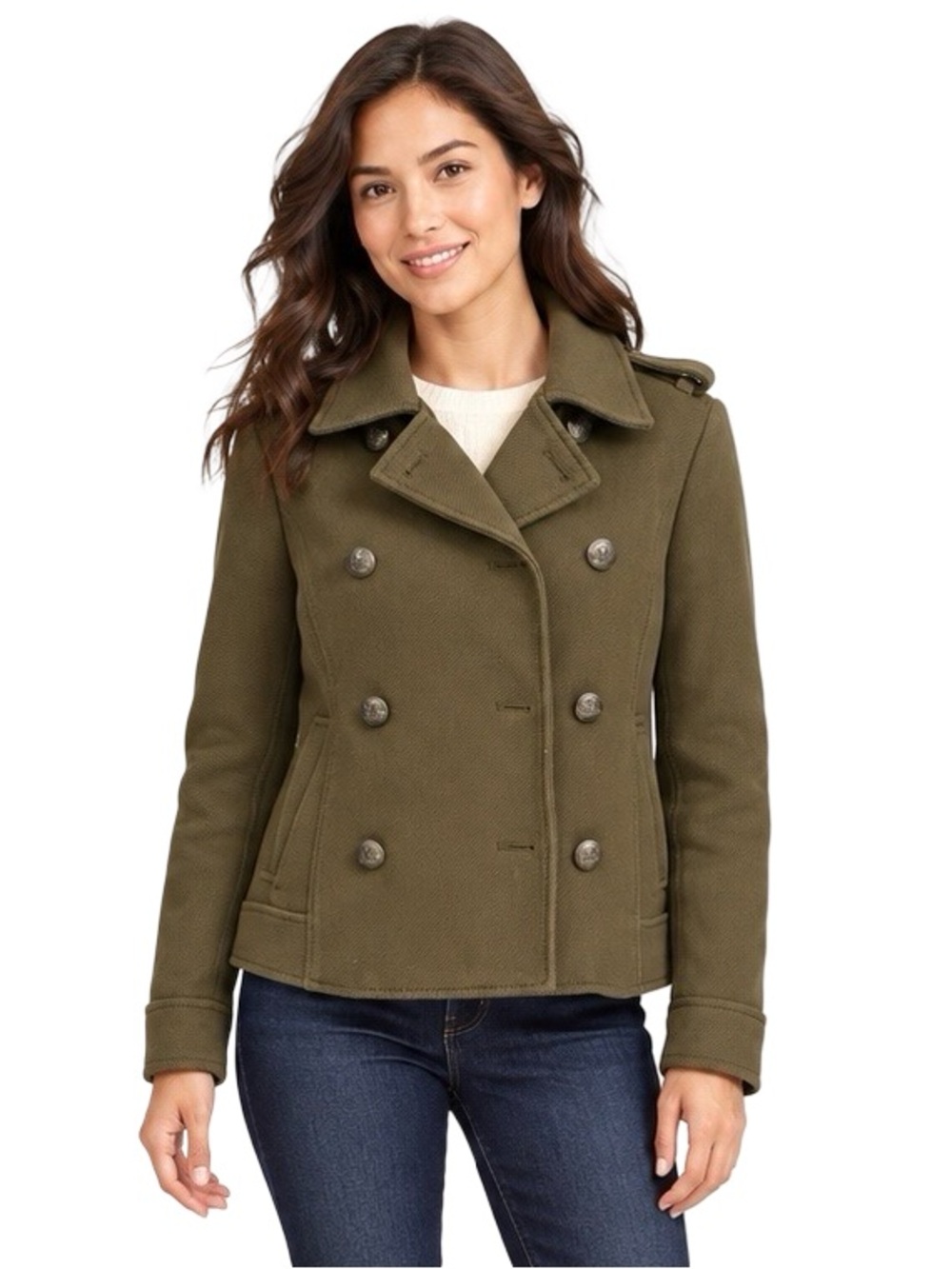 Banana Republic Petite Small Olive Green Double-Breasted Military Peacoat Jacket